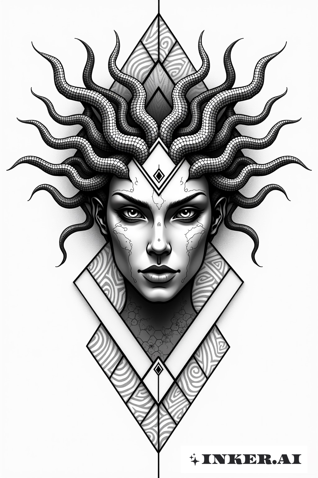Dieses komplexe Tattoo präsentiert die mythische Medusa, die mit dornigen, schlangenartigen Motiven im geometrischen Stil verflochten ist.