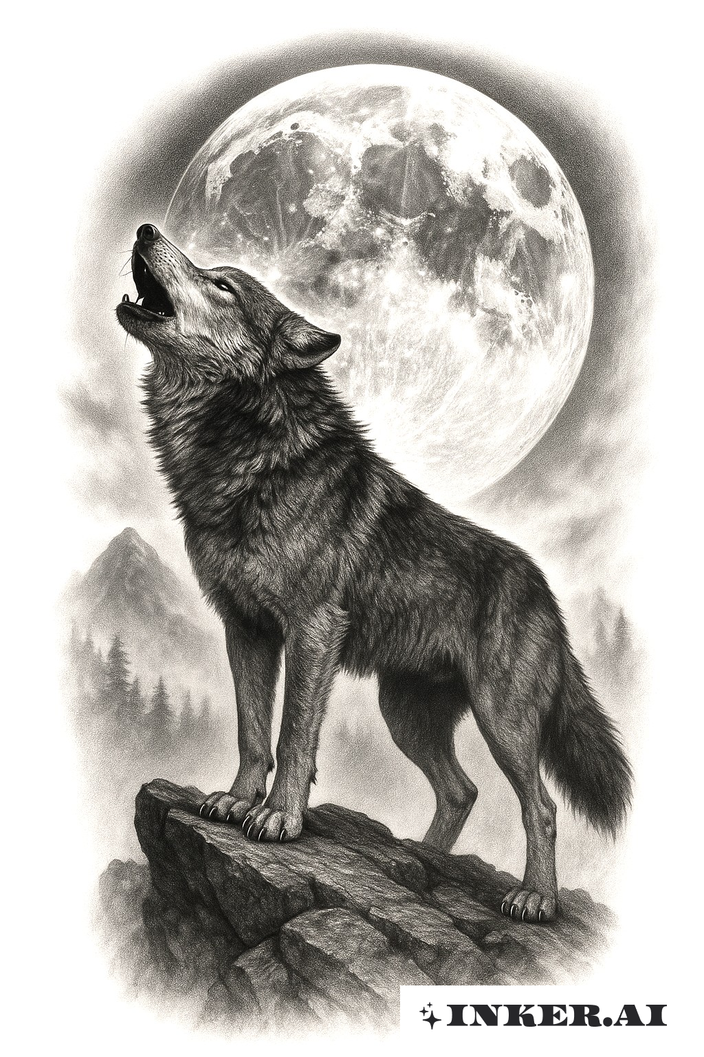 A striking tattoo of a lone wolf howling under the full moon, set against a shadowy forest backdrop.