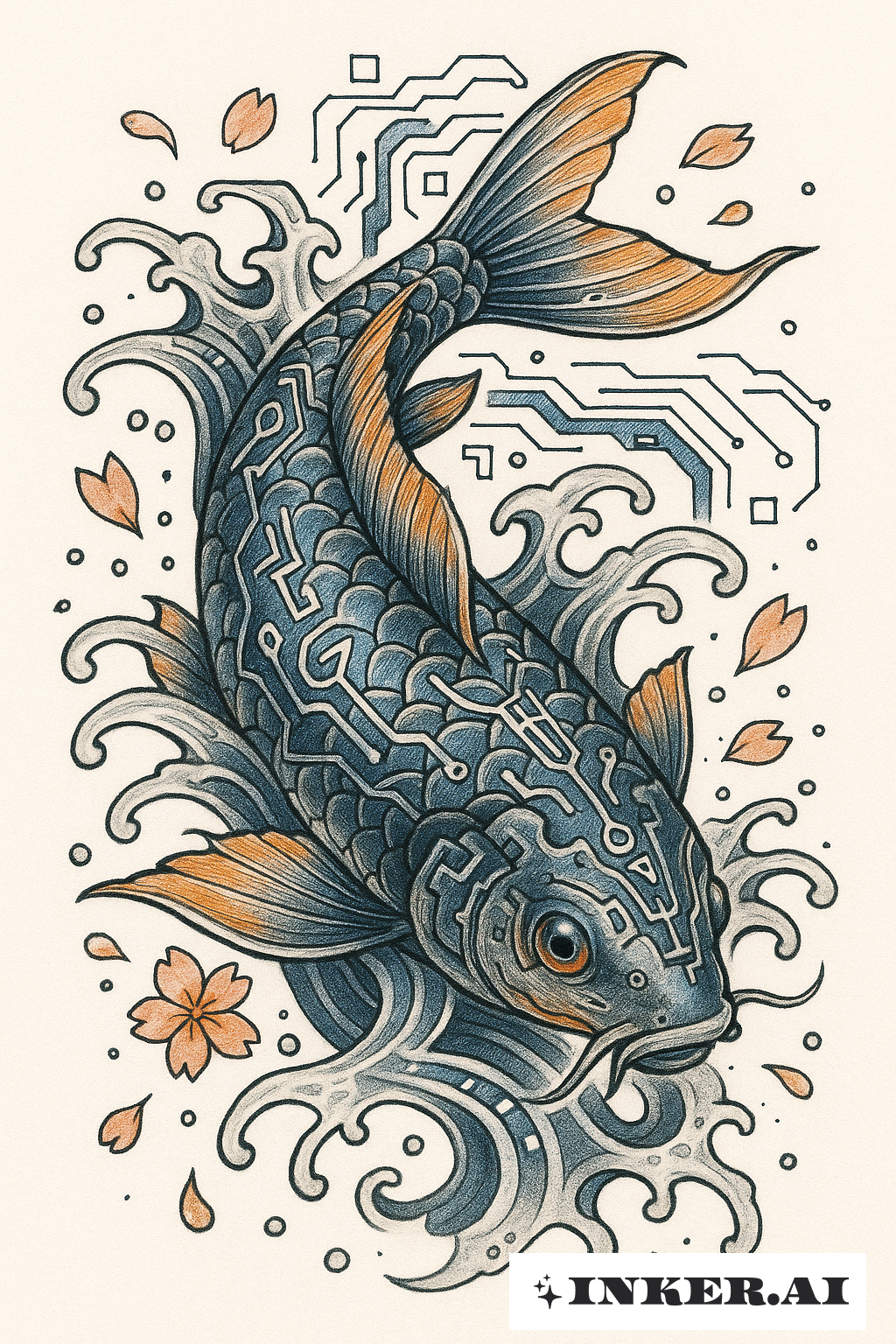 A Cyber Sigilism Koi Fish In Digital Waves