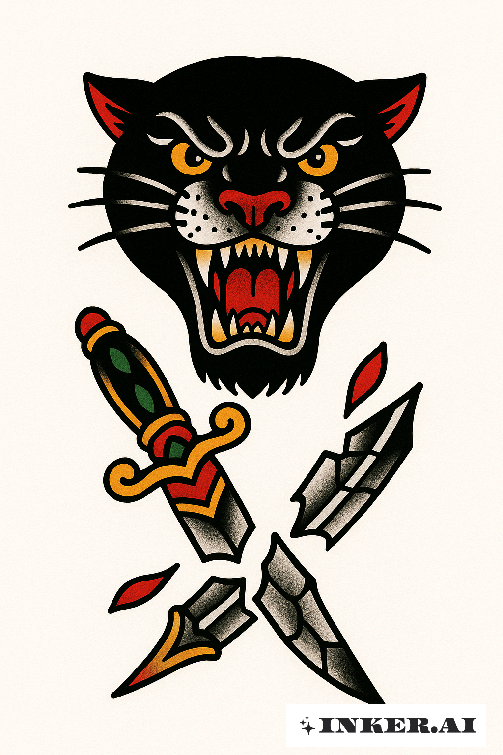 Pantherkopf über einem zerbrochenen Dolch