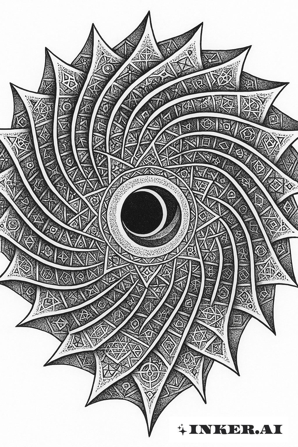 Eine spiralförmige Stern-Mandala mit ausstrahlenden geometrischen Mustern, die eine Sonnenfinsternis im Zentrum umgeben.