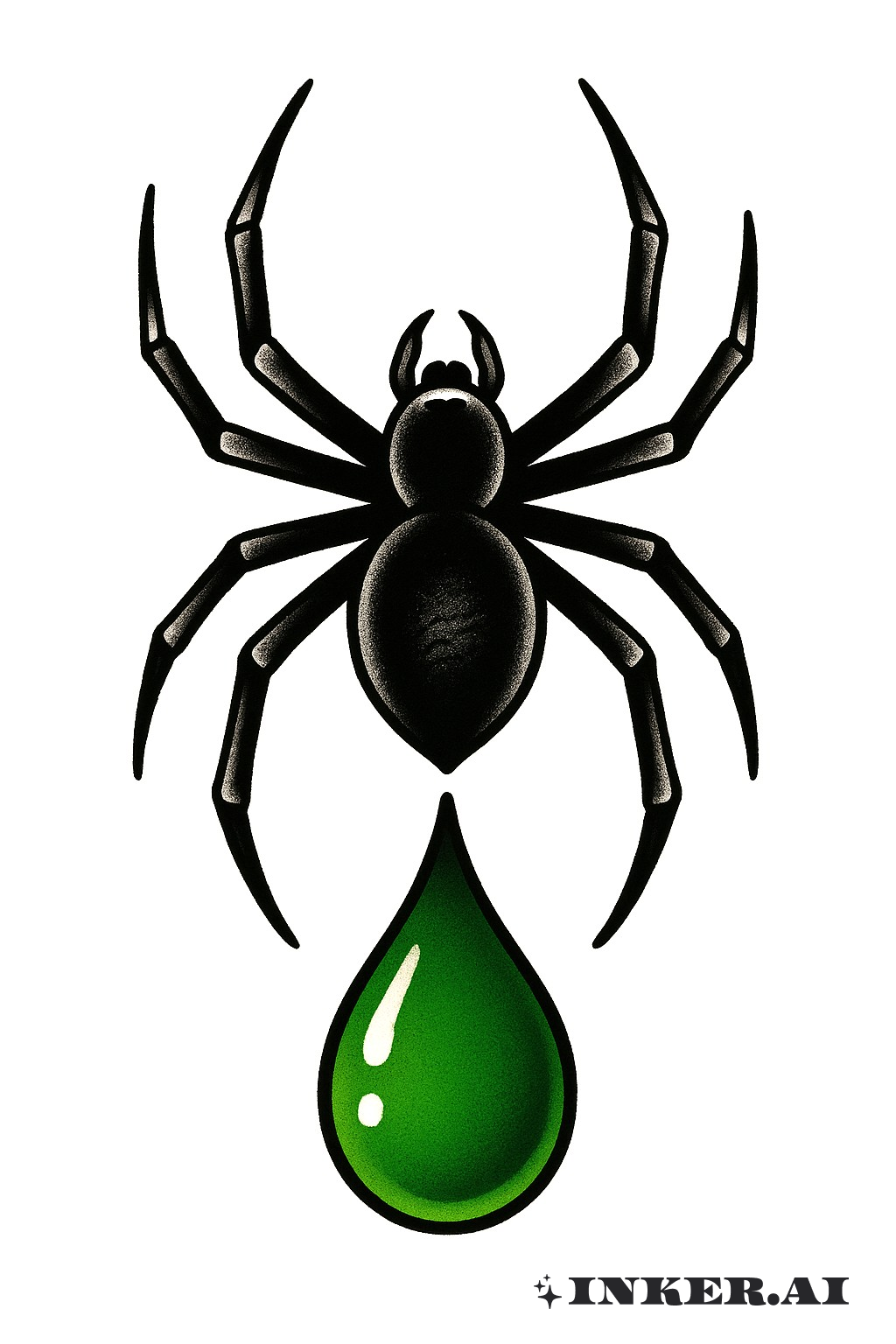 A detailed spider poised above a droplet, showcasing intricate leg patterns and realistic shading against a simple background.