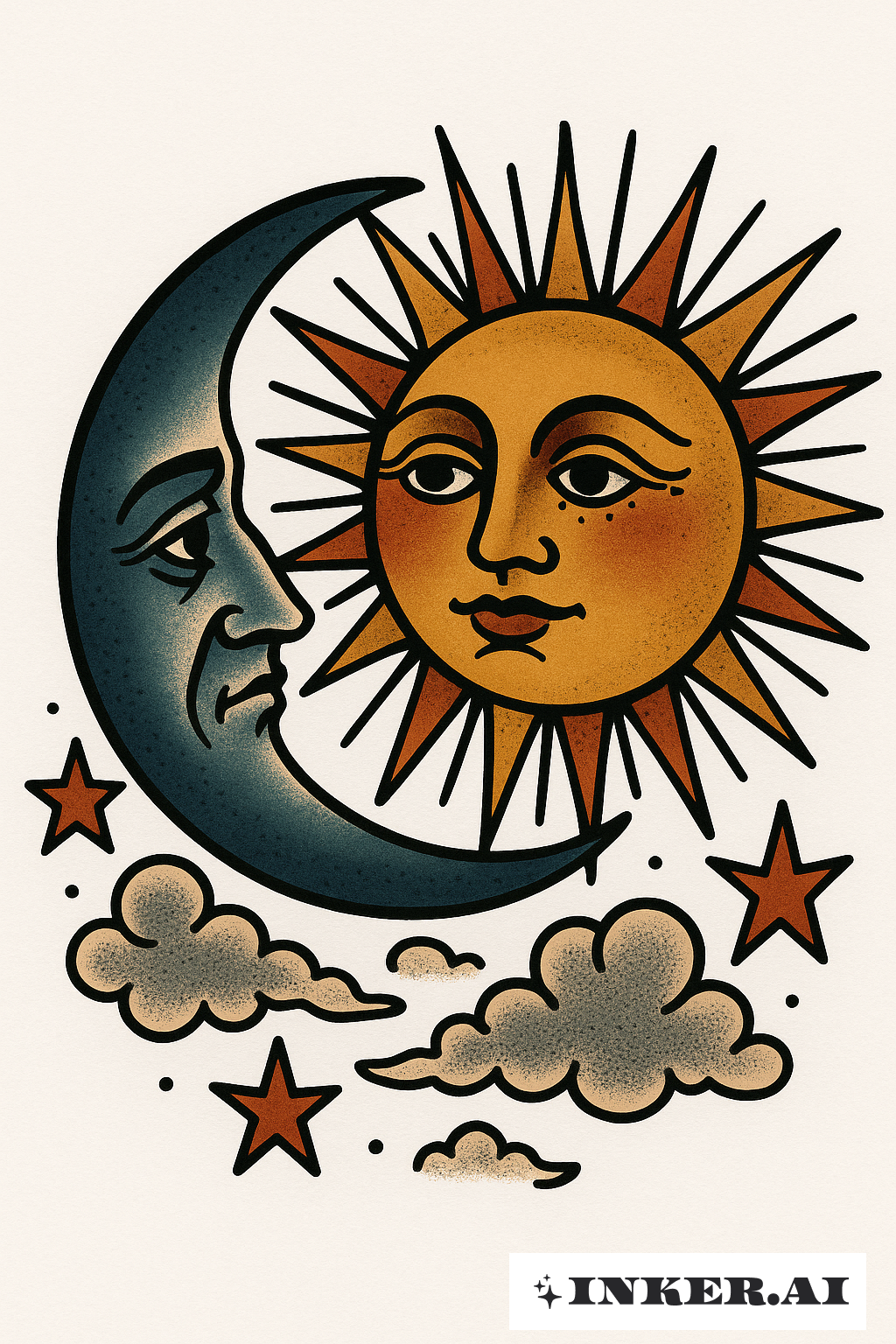 Crescent Moon And Sun With Faces
