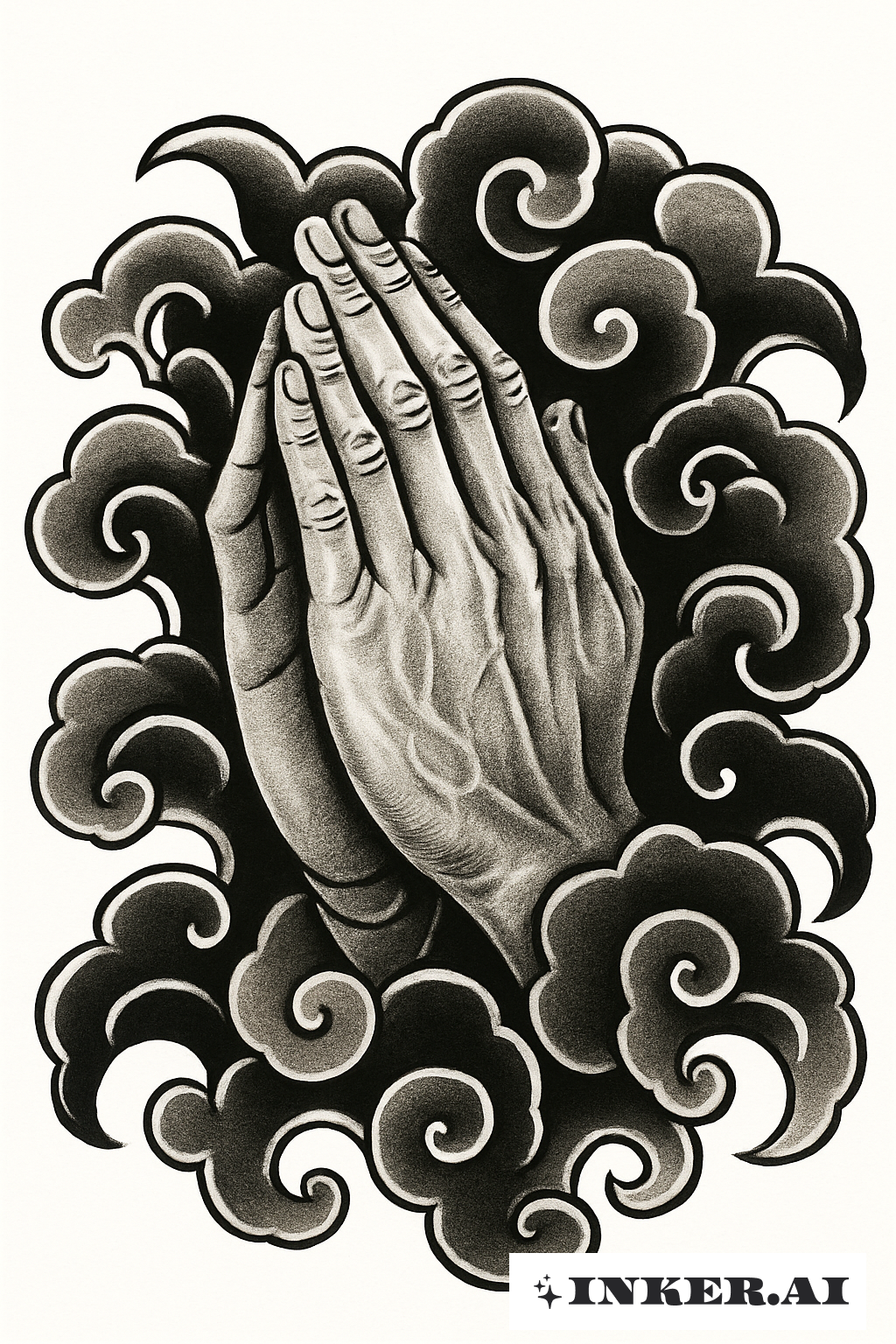 Praying Hands Amidst Japanese Clouds