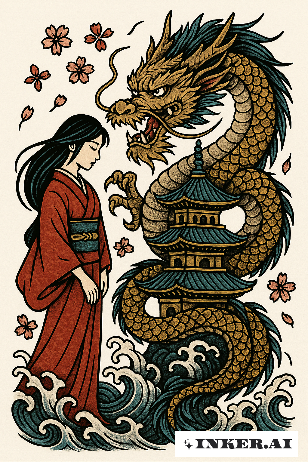 La Fille avec le Dragon gardant une Pagode