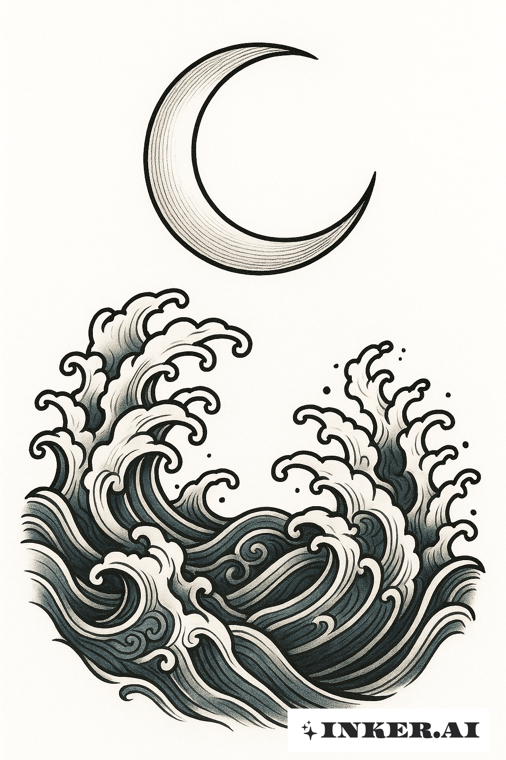 Crescent Moon Above Japanese Style Waves