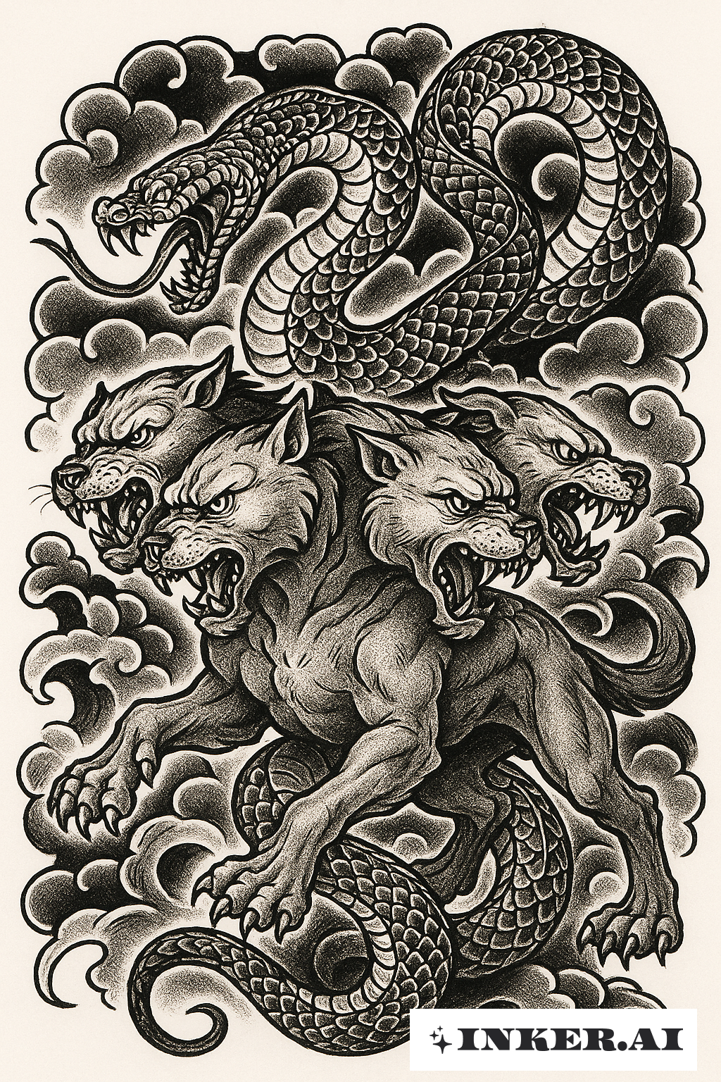 Cerbère Combattant un Serpent parmi les Nuages Irezumi