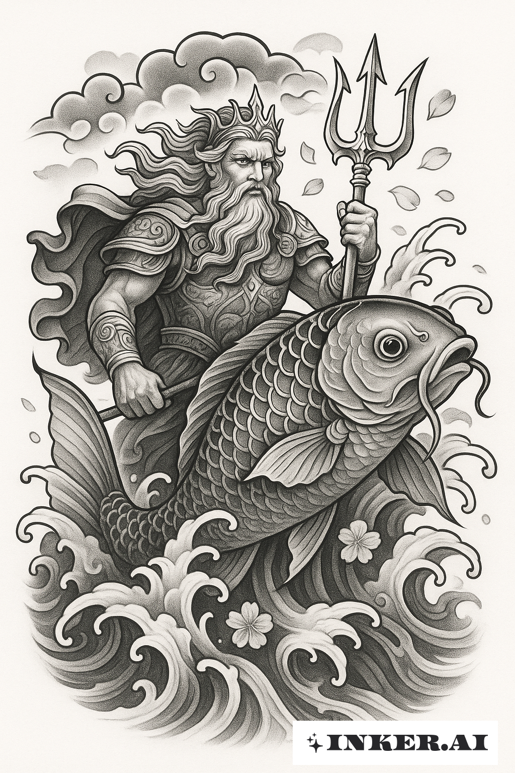 The God Poseidon Riding A Giant Koi Fish