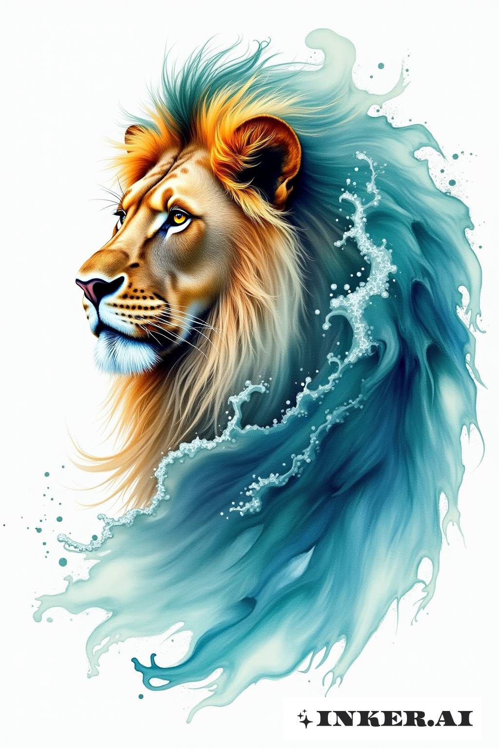 A crina de um leão representada como ondas de água - colorida fluentes, com cores suaves e um efeito sonhador.