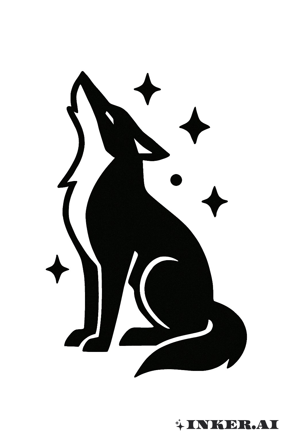Eine einfache und elegante Silhouette eines Wolfs, gefüllt mit einem sternenklaren Nachthimmel, die Natur mit himmlischen Elementen kombiniert.