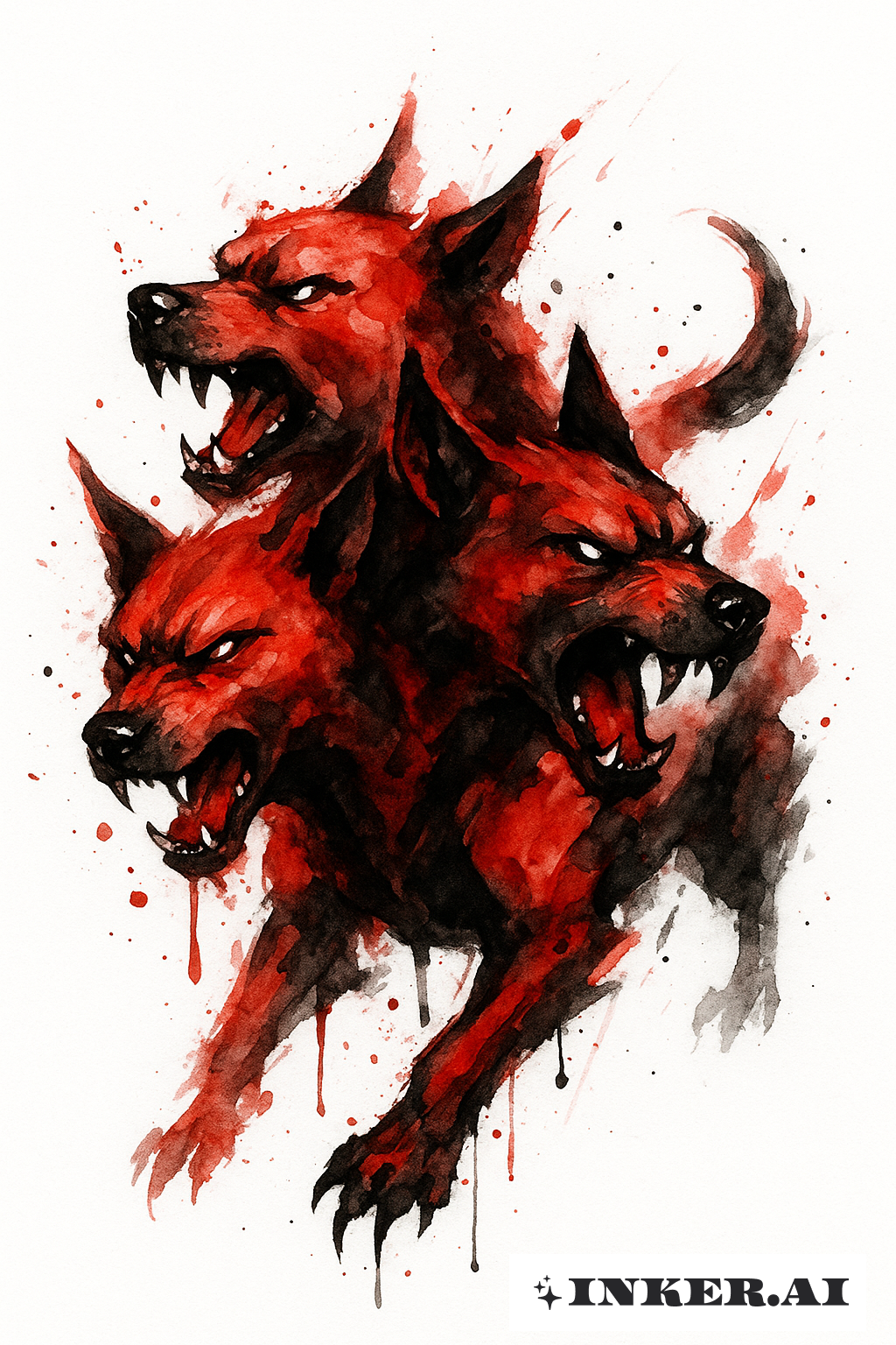 Cerbère Formé de Giclées d'Aquarelle Rouge et Noire