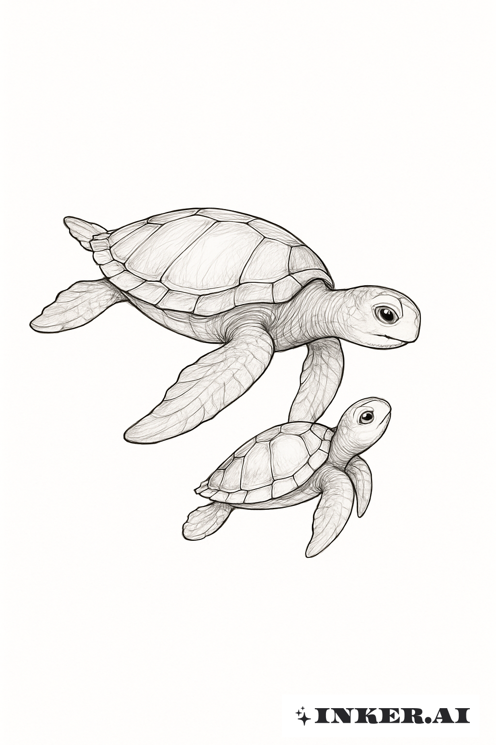 Mom And Baby Sea Turtle Fine Line Portrait