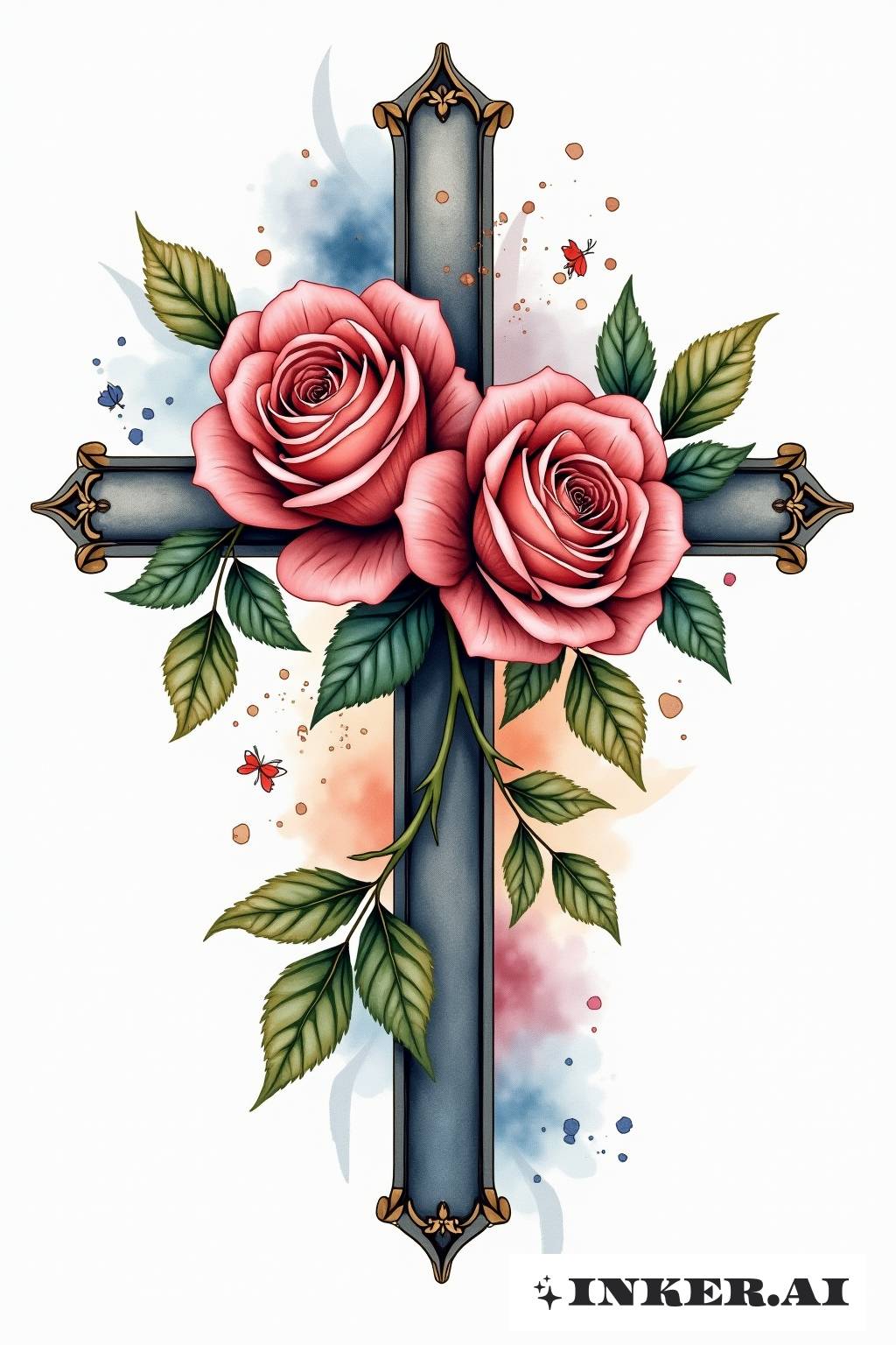 A beautiful tattoo featuring a cross intertwined with blooming roses, in a watercolor - like style.
