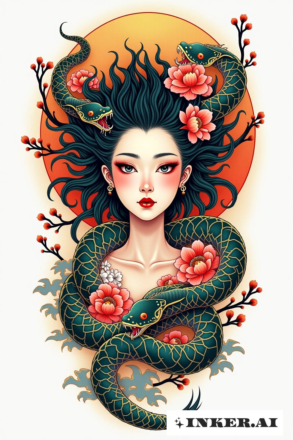 一个带有花卉和蛇环的美杜莎纹身，设计独特且精细。