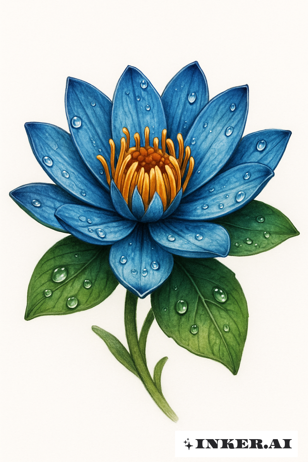 Hyper-Realistic Blue Water Lily With Dewdrops