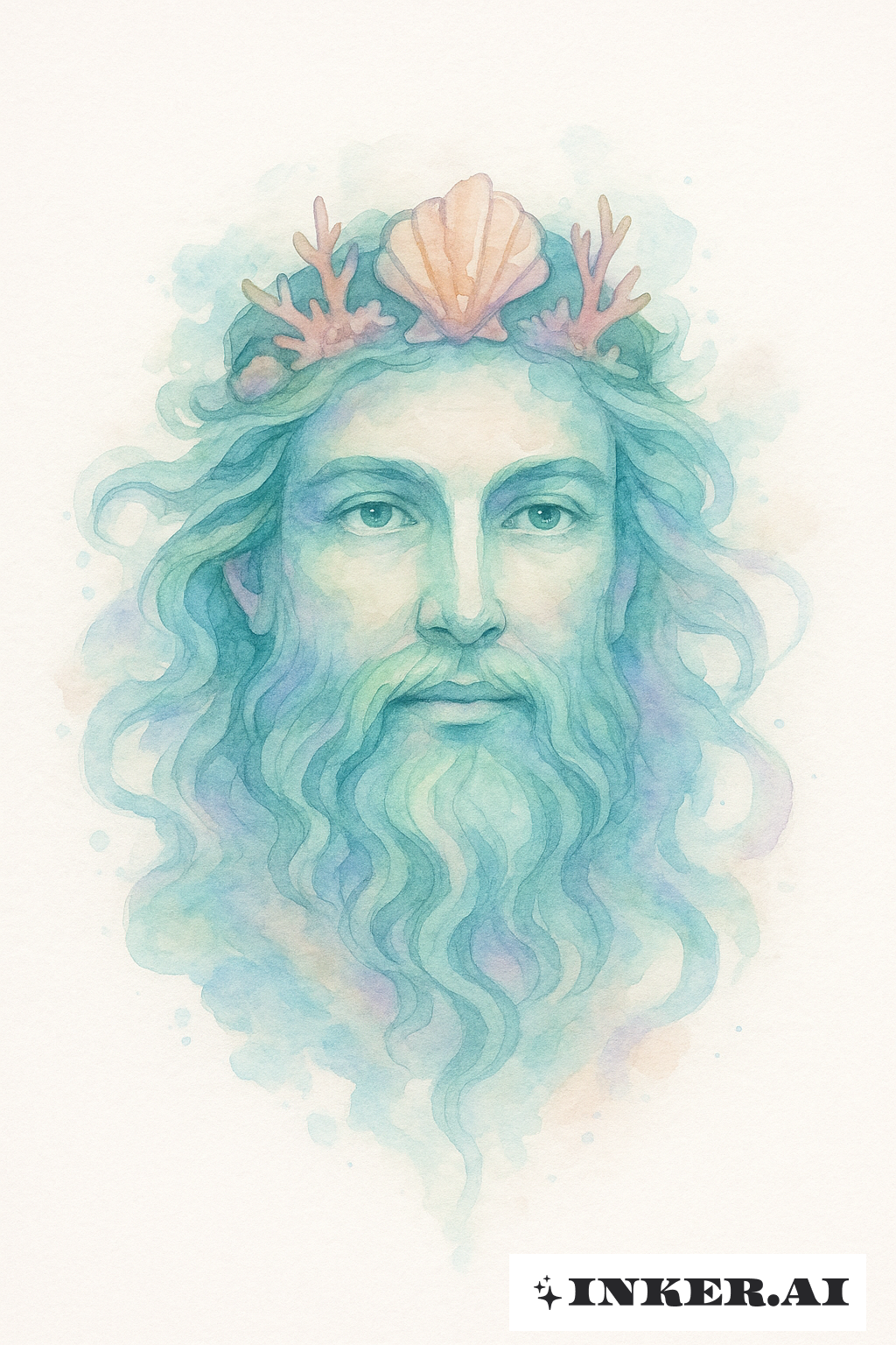 The Calm Gaze Of Poseidon In A Soft Watercolor Wash