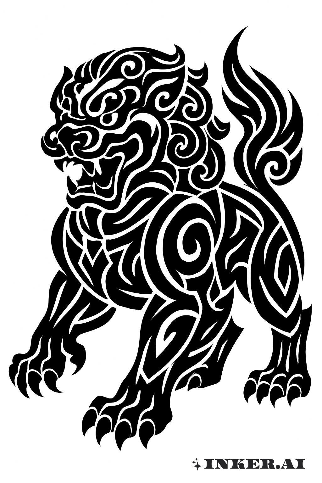Fette Yakuza Foo Hund im Tribal-Linien-Stil