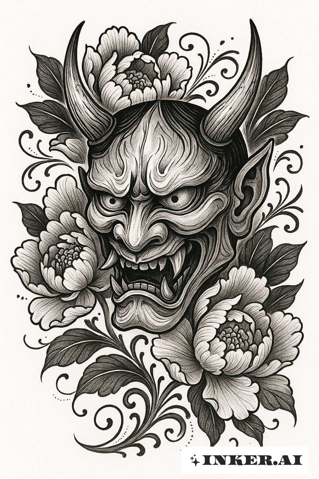Masque Hannya Yakuza dans des pivoines