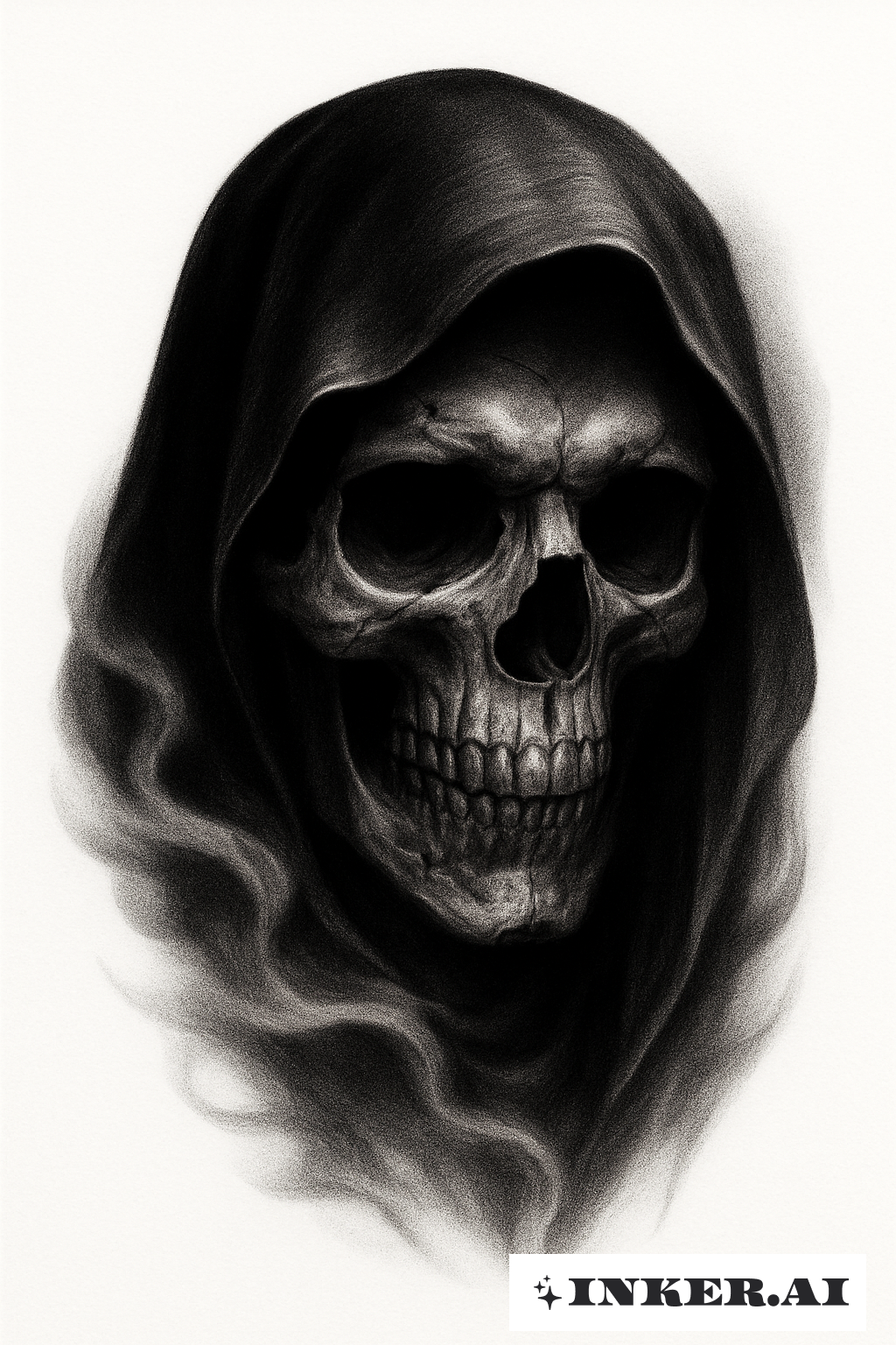 Fotorealistische Skelettgesicht des Sensenmanns im Schatten