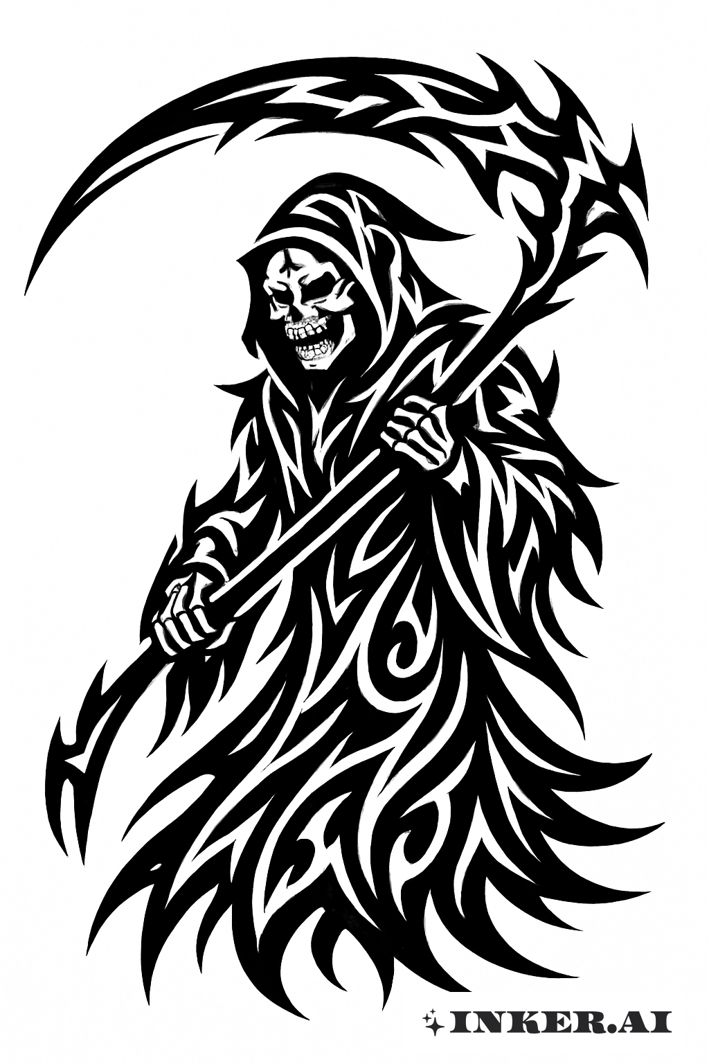 Sensenmann mit einer kühn gestalteten, tribal-inspirierten Sense