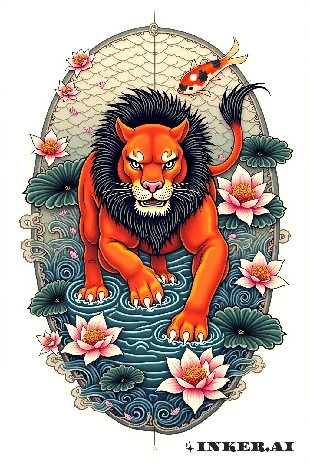 Una leona está acechando sigilosamente a través de un lago lleno de lotos con hermosos colores en estilo japonés.