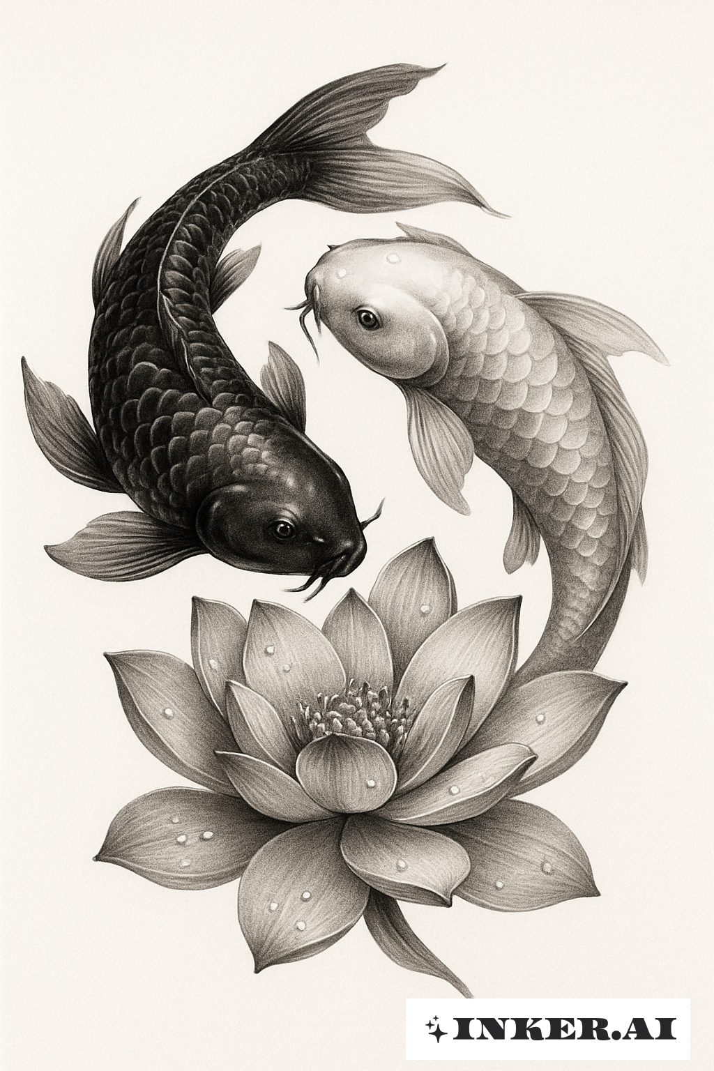 Black and White Koi Fish and Lotus Flower