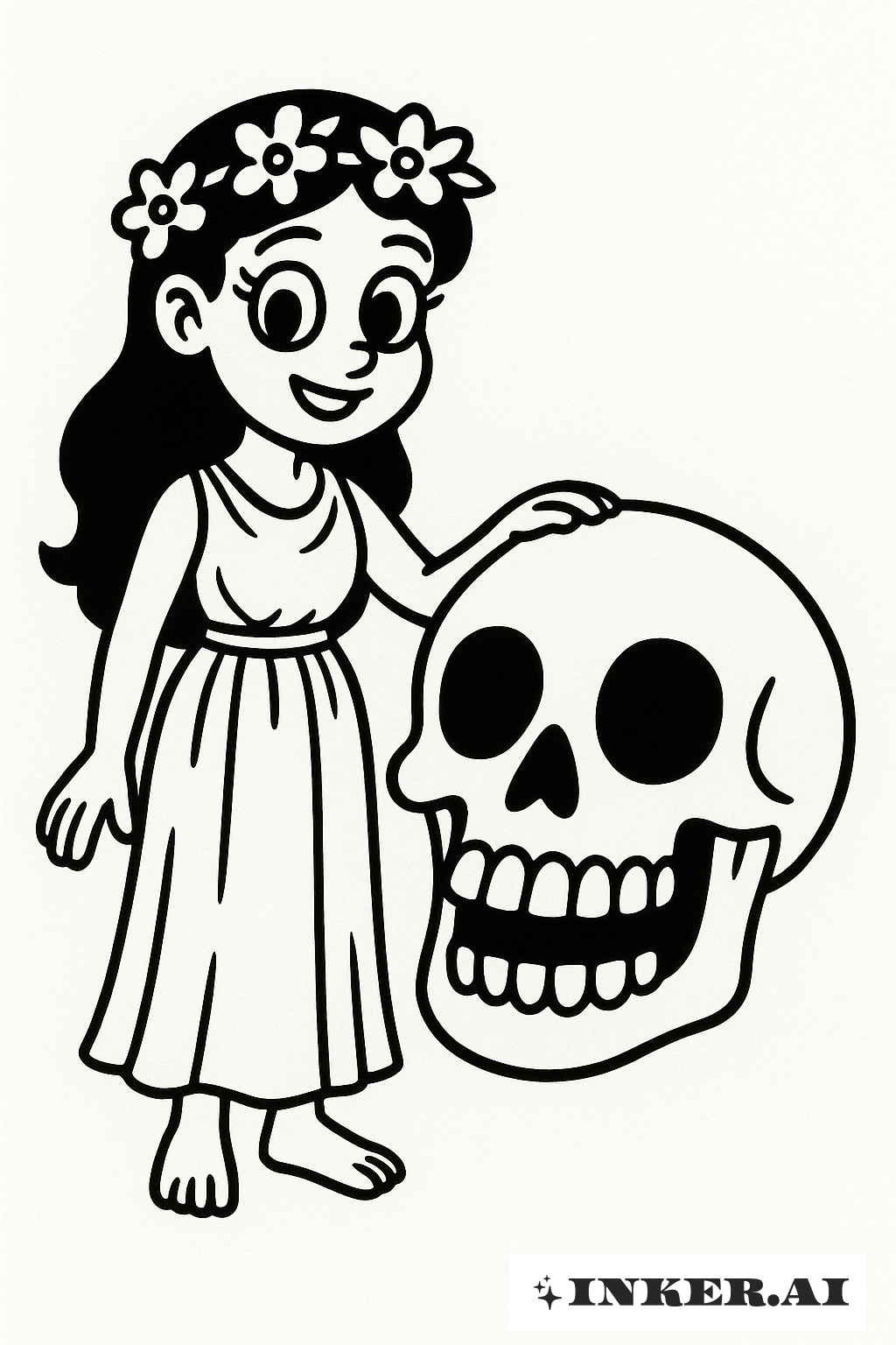 Cartoon Persephone With A Grinning Skull