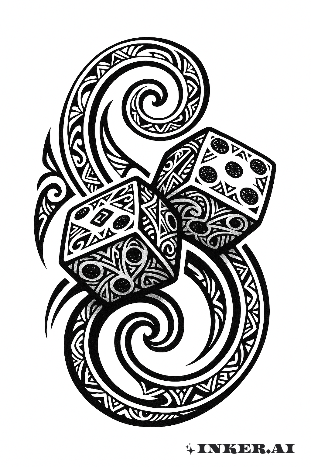 A Pair of Dice Woven into a Maori Koru