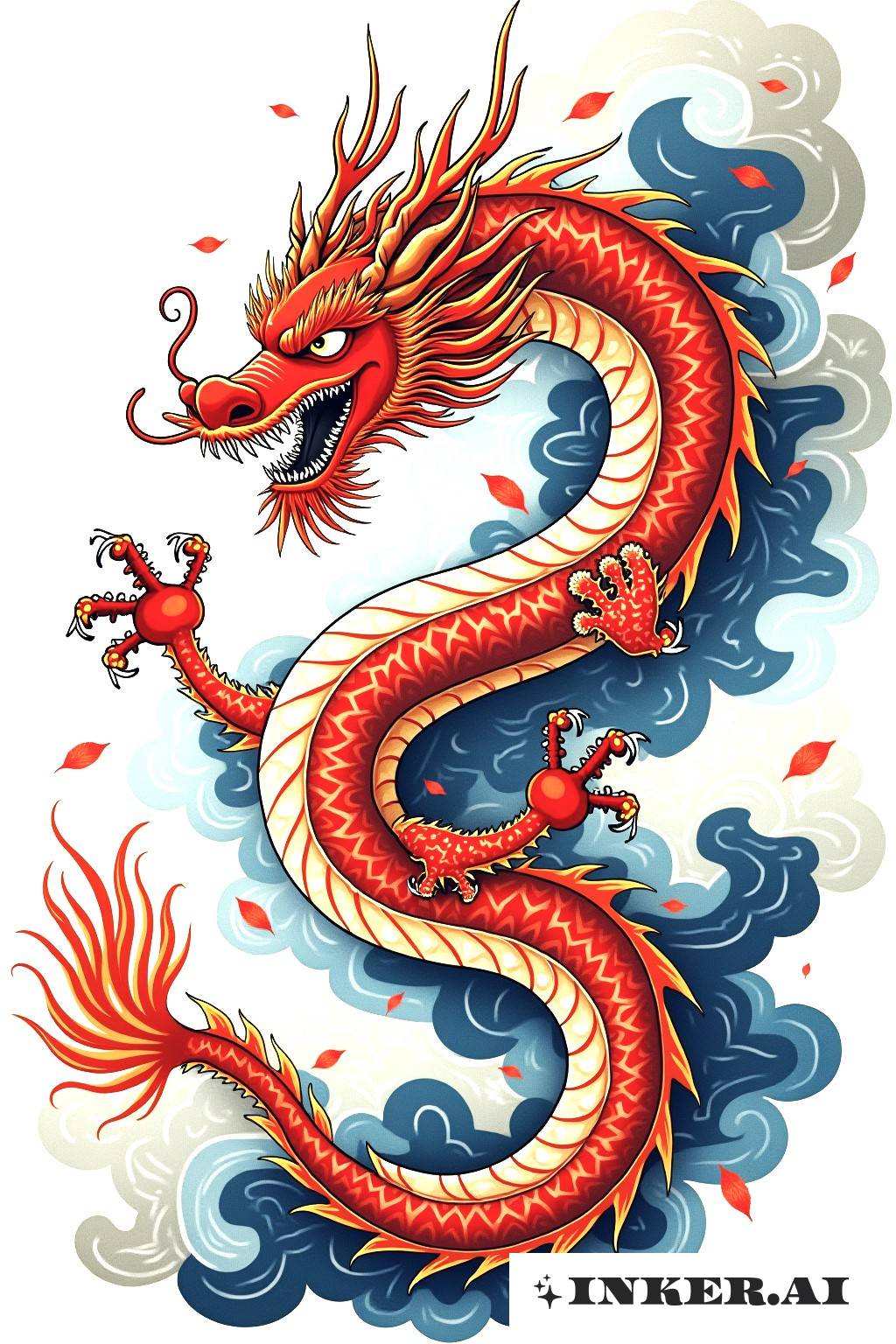 一条中国龙在翻腾的云朵中翱翔，色彩鲜艳，姿态灵动。