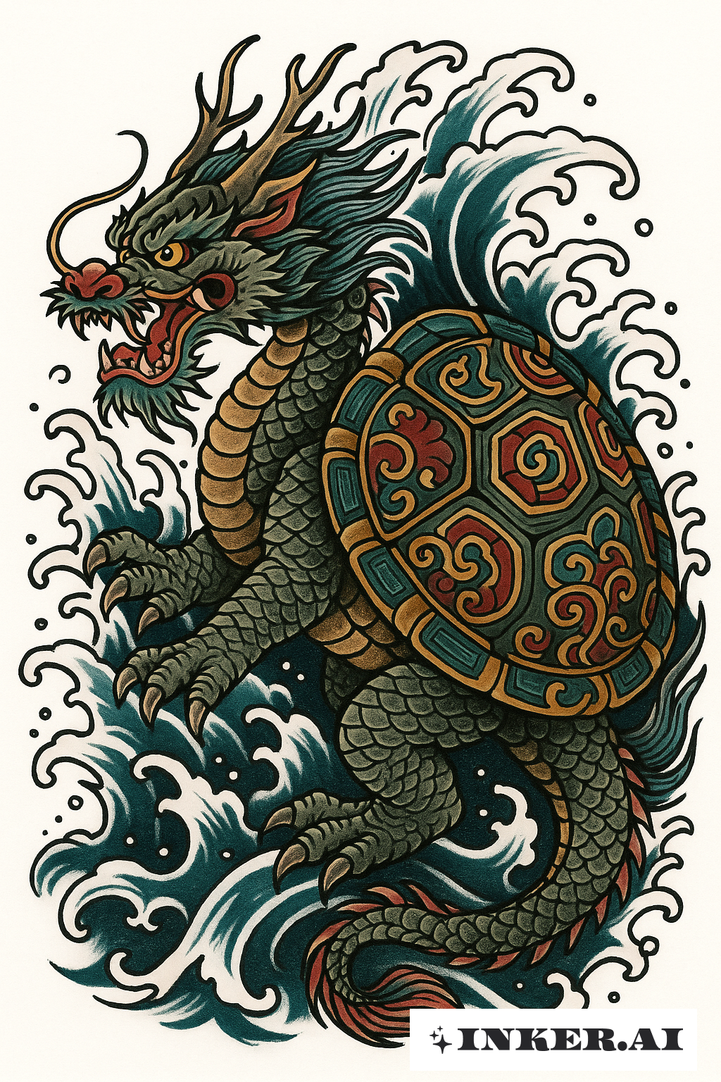 Japanese Dragon Turtle With Fierce Waves