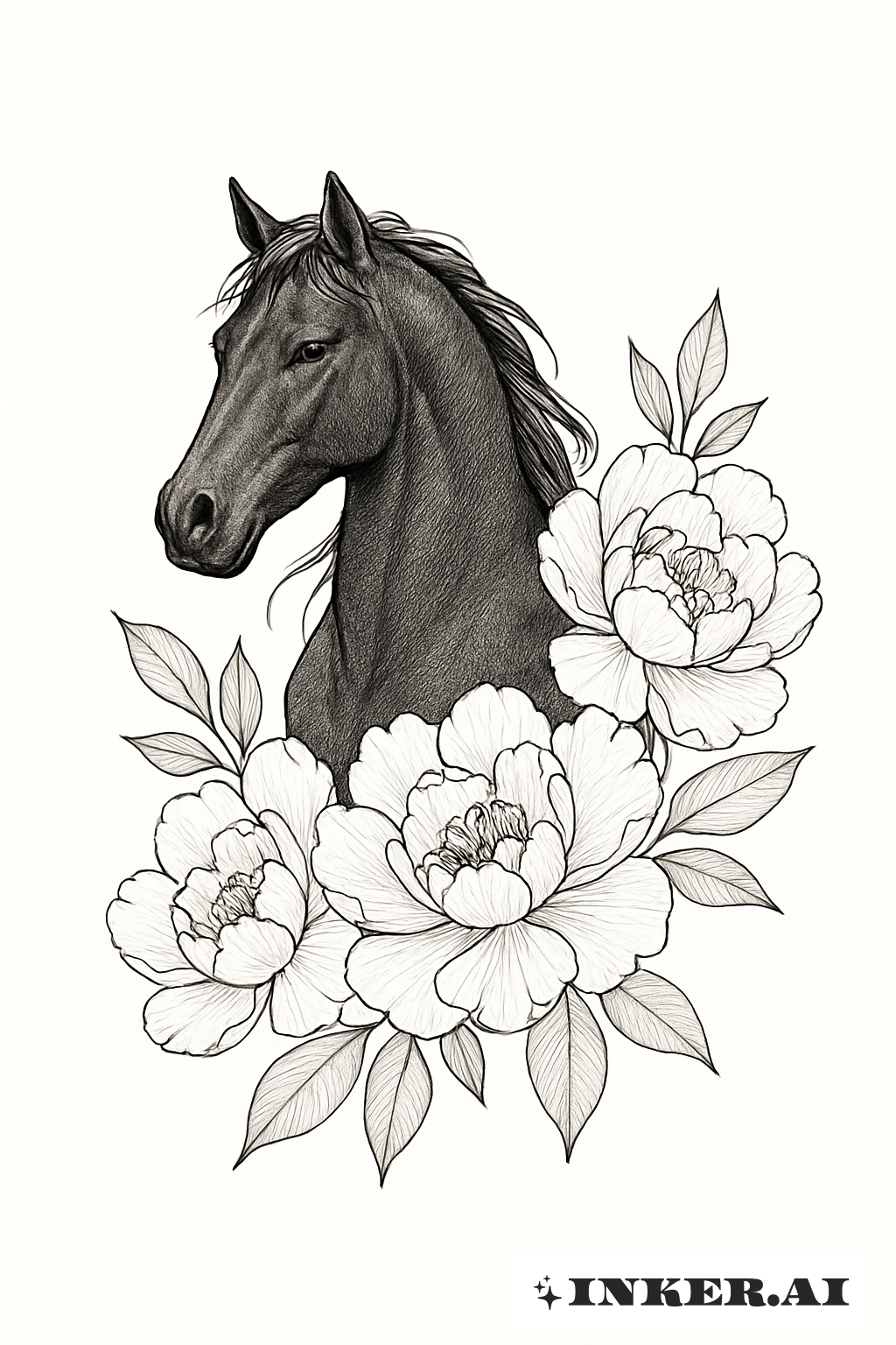 Cheval Noir Émergeant Des Pivoines