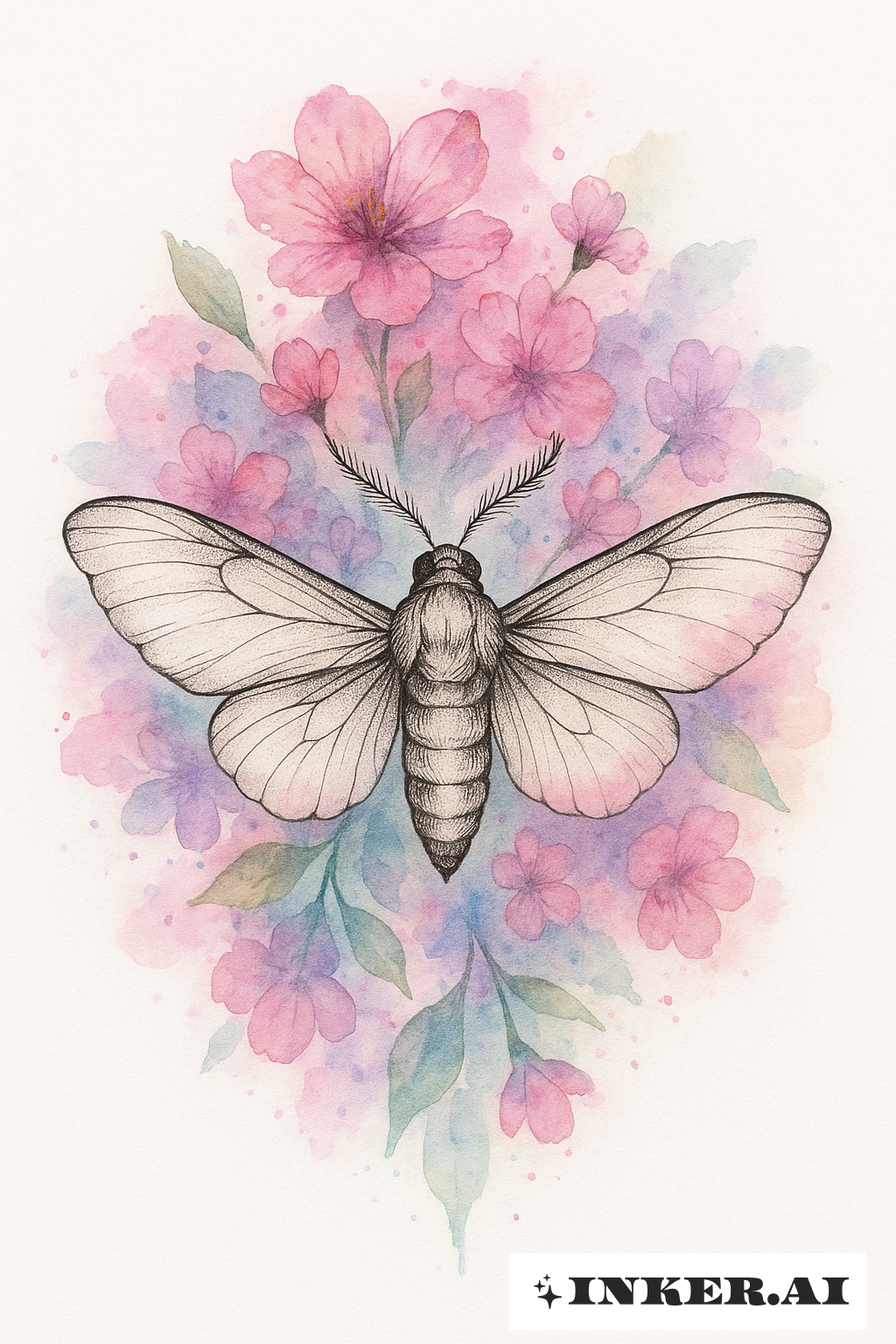 Nachtfalter mit blumigem Aquarellhintergrund