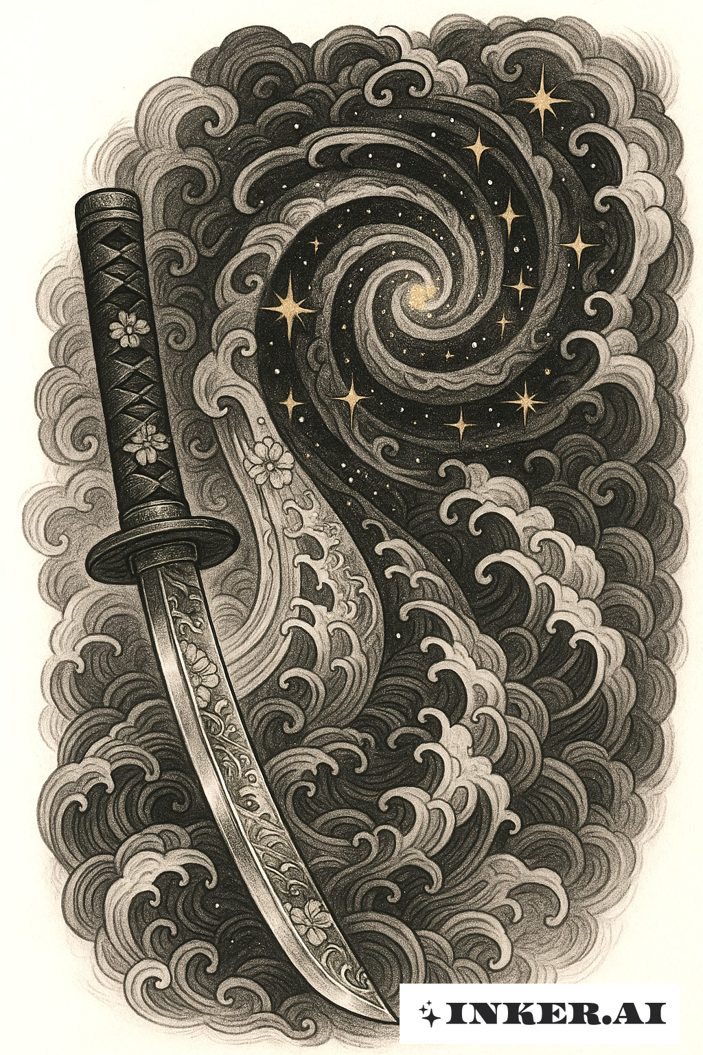 Un diseño complejo que presenta una espada samurái, estrellas giratorias y patrones de espirales dinámicas.