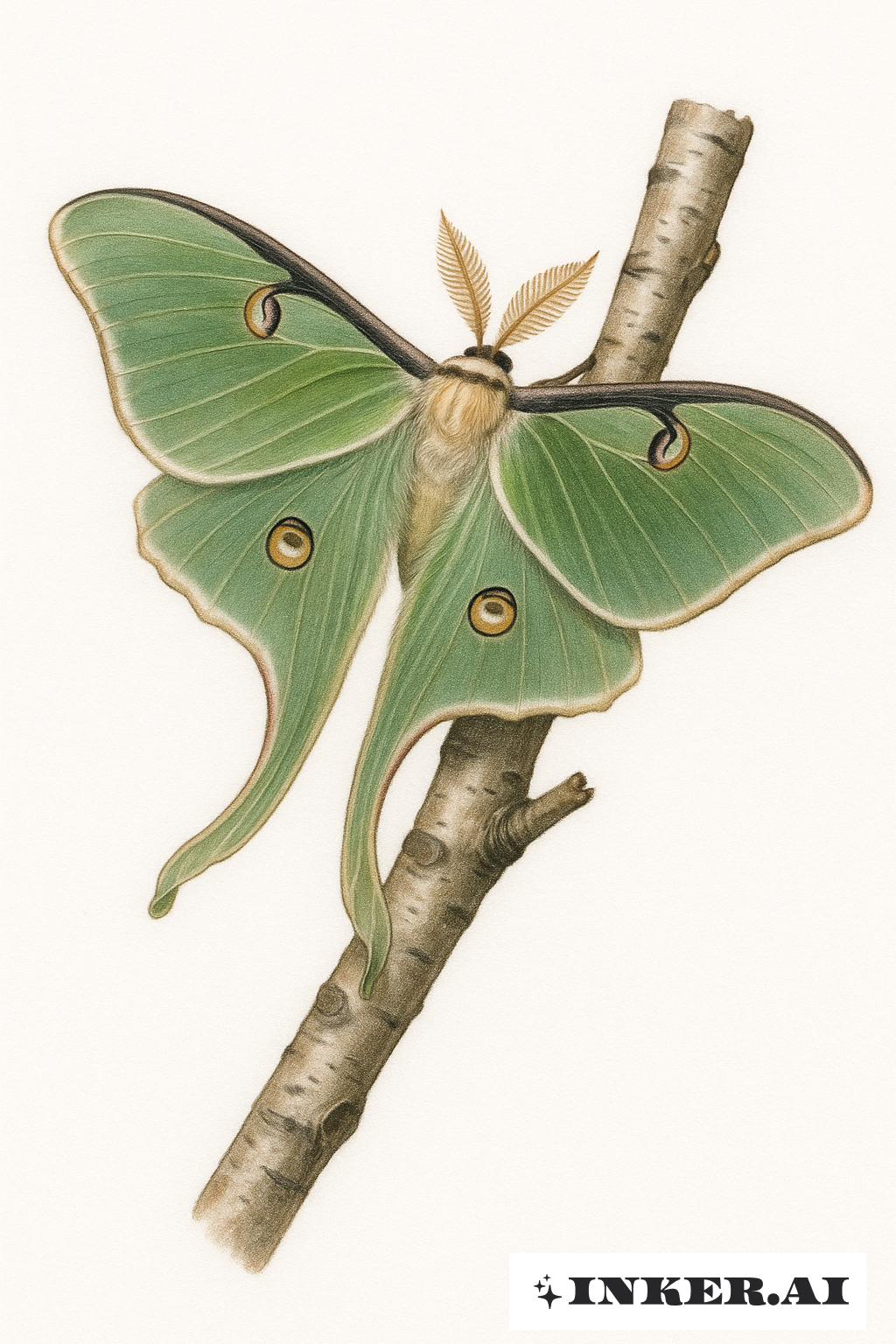 A Luna Moth Resting On A Birch Branch