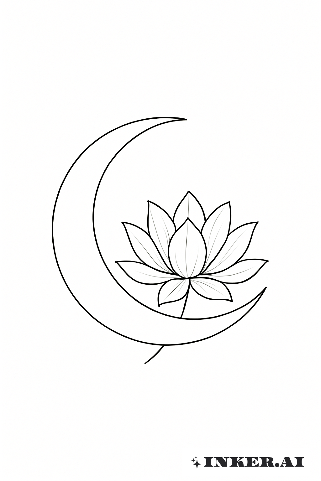 Fine Line Crescent Moon And Lotus Flower