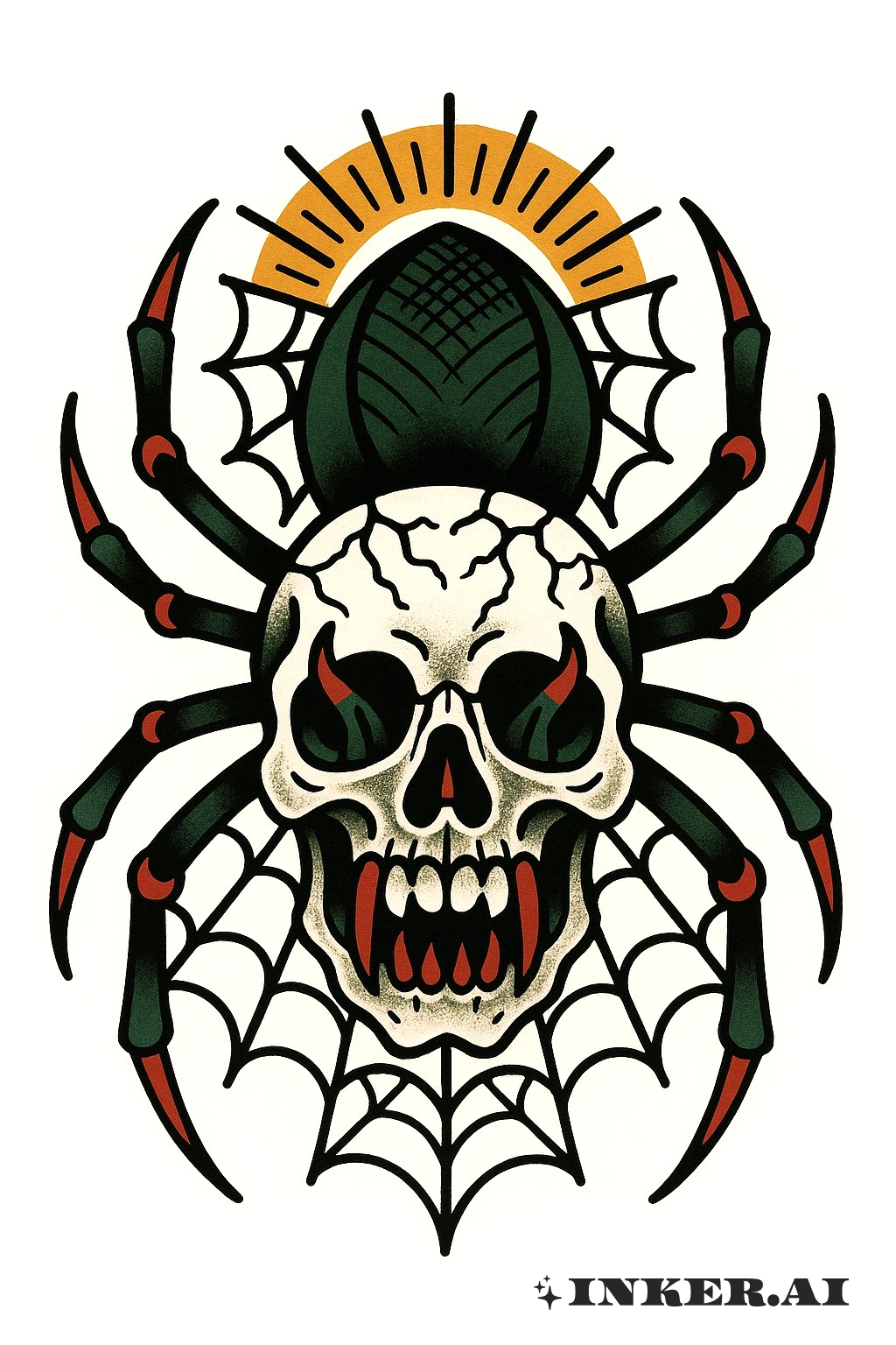 A fusion of a skull and spider, featuring bold lines and a striking combination of elements in a traditional tattoo style.