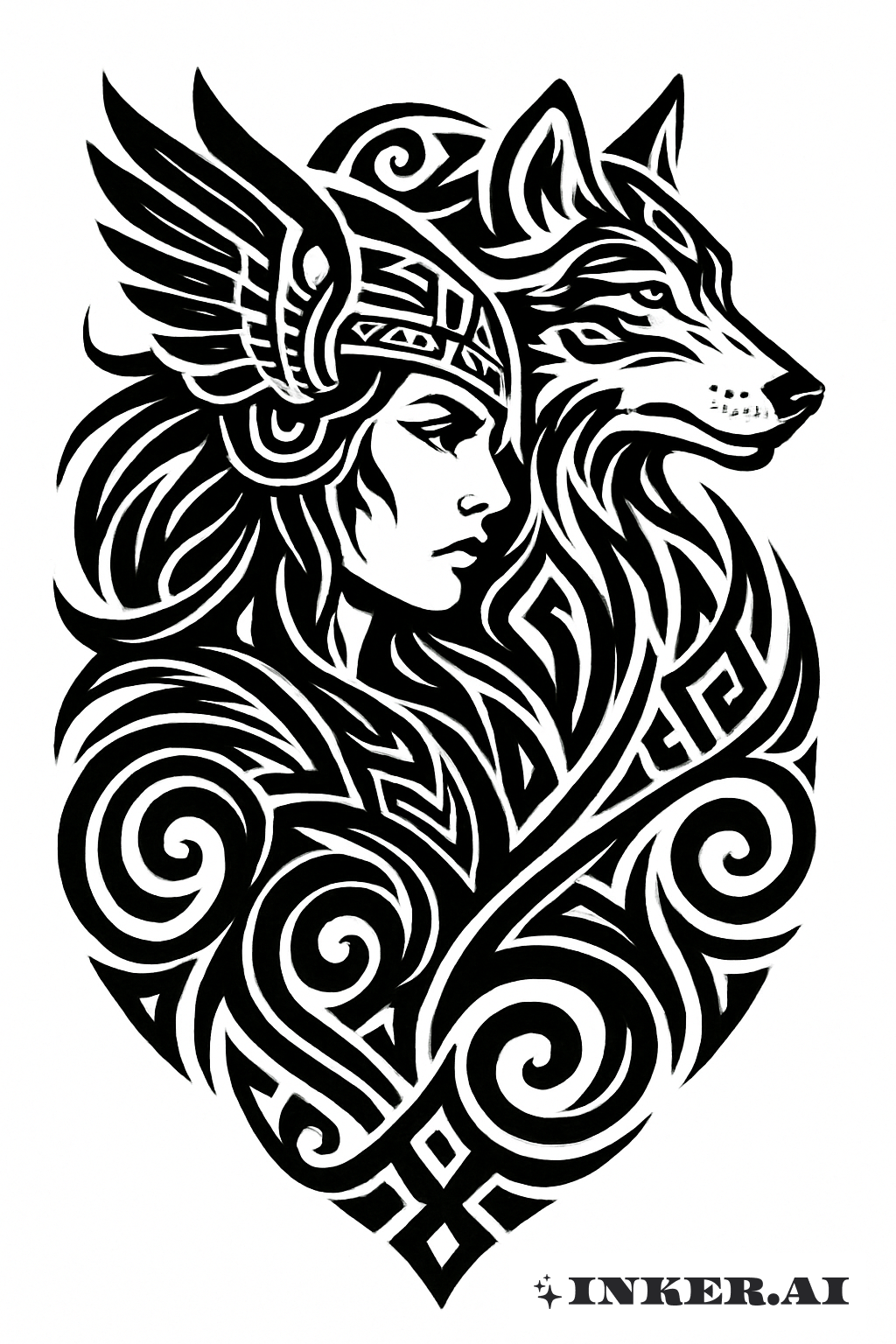 Tribal Valkyrie And Wolf Spirit
