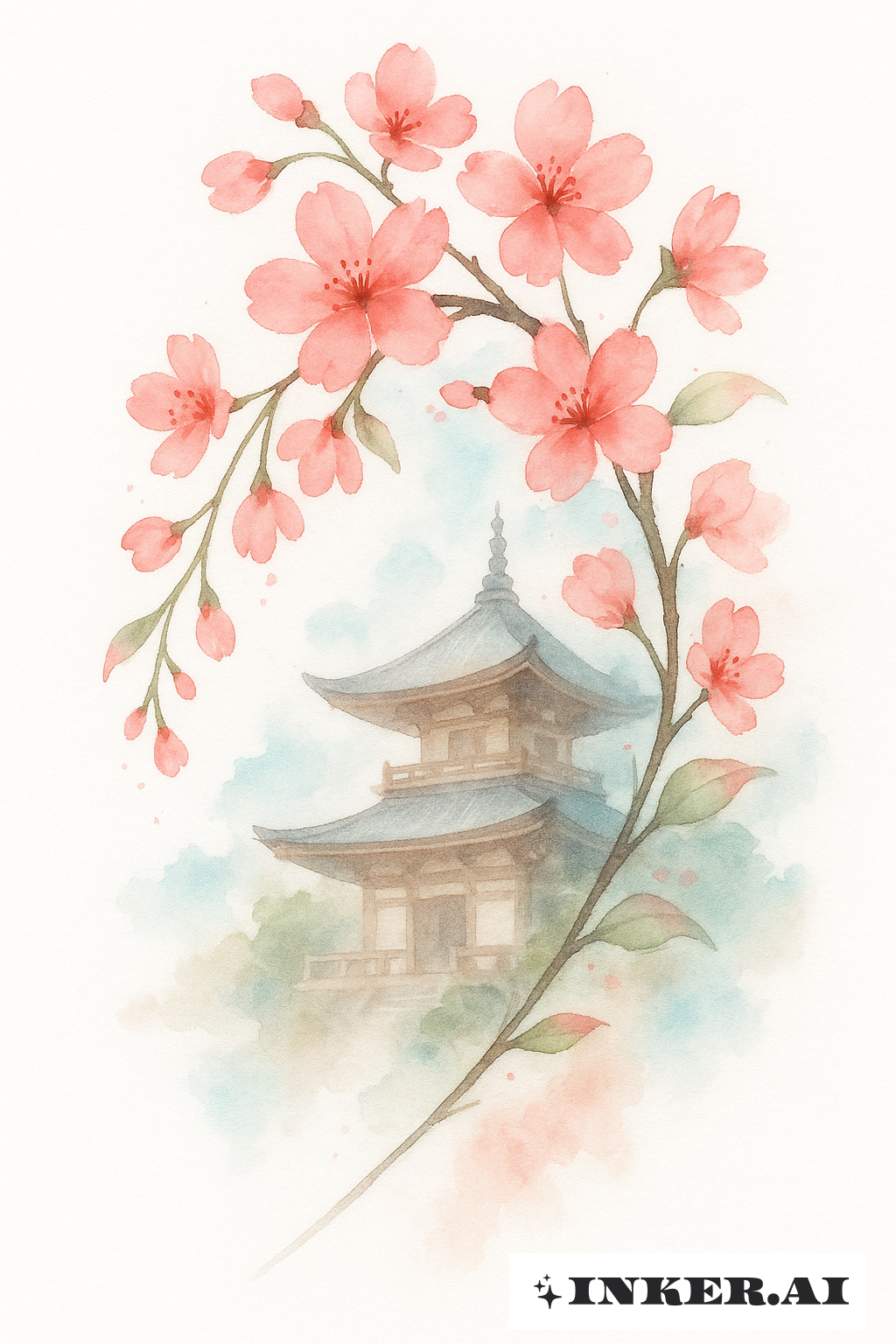 水彩画の桜と寺院