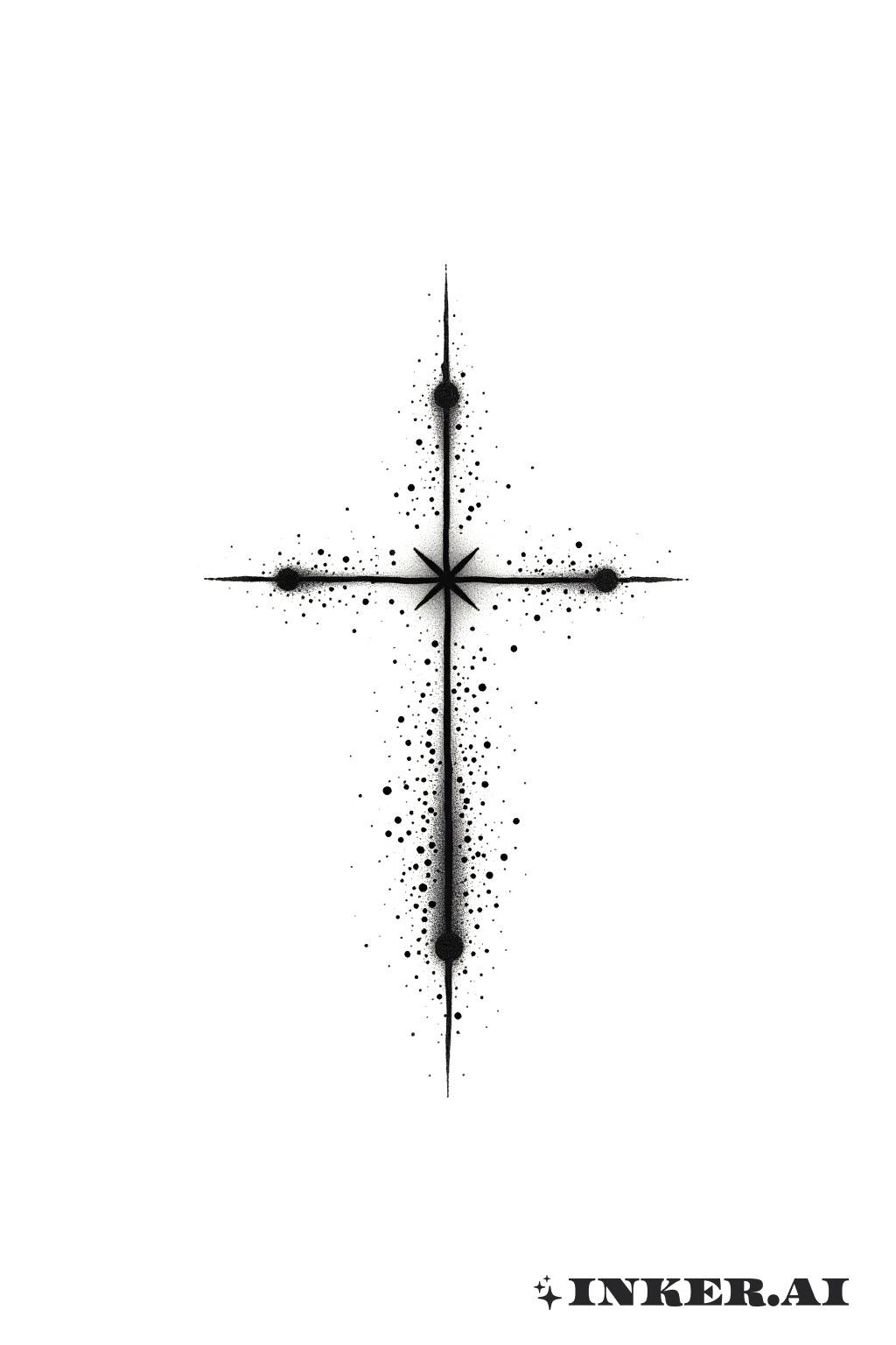 Un simple tatouage de croix avec un ombrage minimal en pointillisme en noir sur un fond clair.