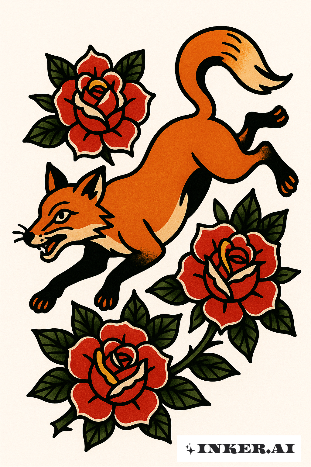 Un Renard Élançant Classique avec des Roses