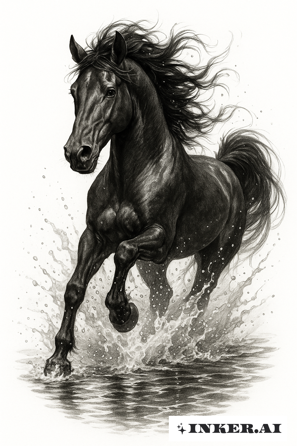 Cheval noir galopant à travers l'eau